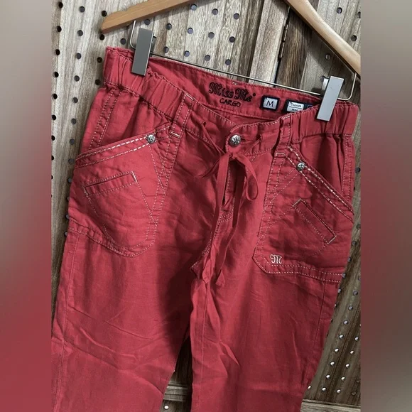 EUC MISS ME cargo linen wide leg silver embroidery pants red/orange trousers - Picture 2 of 5